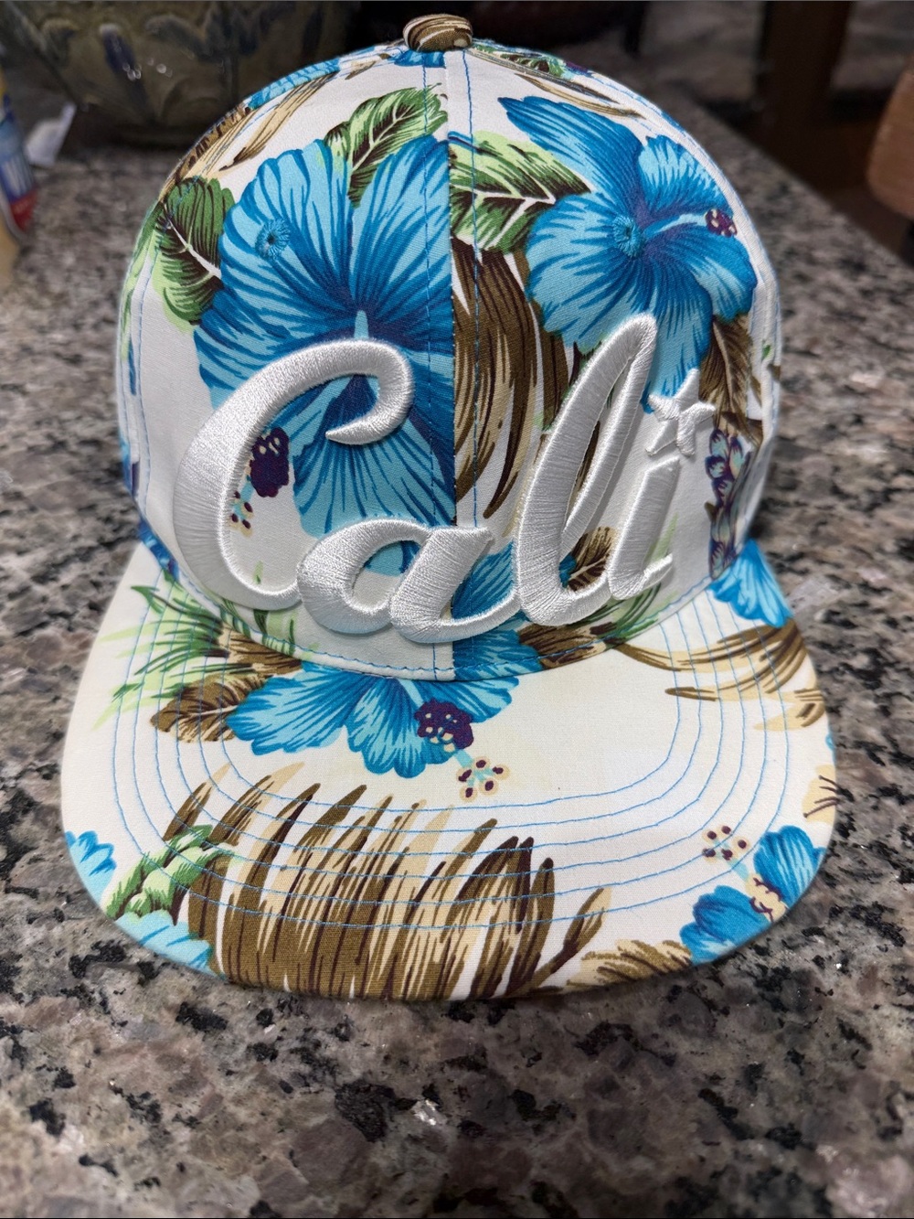 White Floral Snapback Hat with Bold Blue Hibiscus